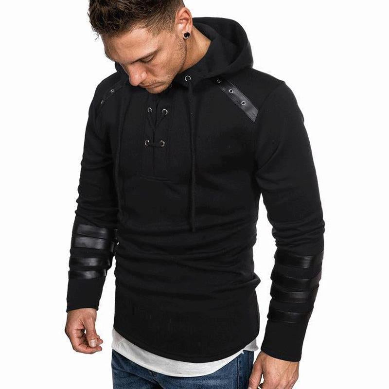 Men's Casual Leather Patchwork Hoodie 60466665U