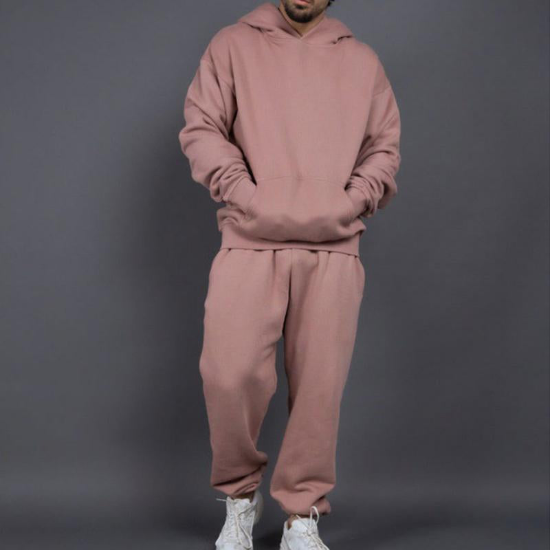 Men's Casual Solid Color Thickened Loose Pullover Hooded Sweatshirt Sweatpants Set 41583773M