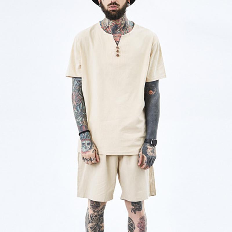 Men's Vintage Solid Linen Short Sleeve T-Shirt Set 57419698Y