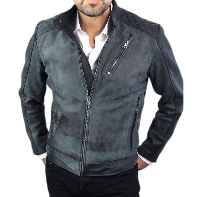 Men's Vintage Stand Collar Zip-Up Leather Jacket 20050701U