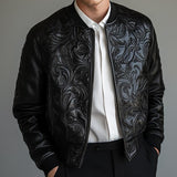 Men's Black Embossed Zip-Up Leather Jacket 34251062U