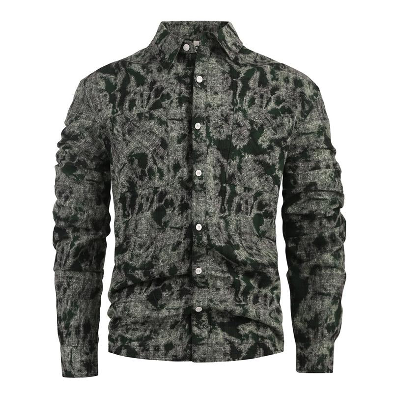 Men's Printed Lapel Long Sleeve Plaid Shirt 61272557X