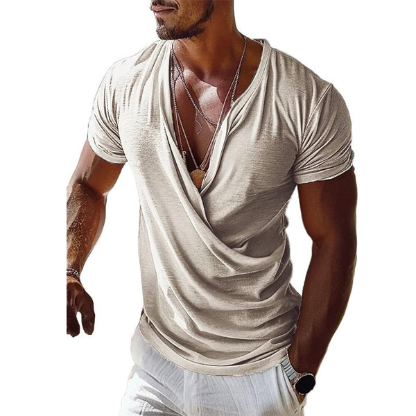 Men's Solid Color V-neck Crossover Design T-shirt 34425117X