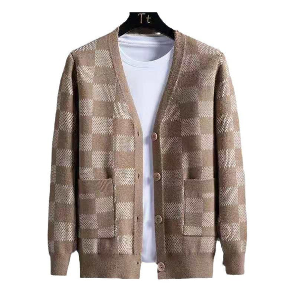 Men's Plaid Jacquard V-neck Knit Cardigan 85043698X