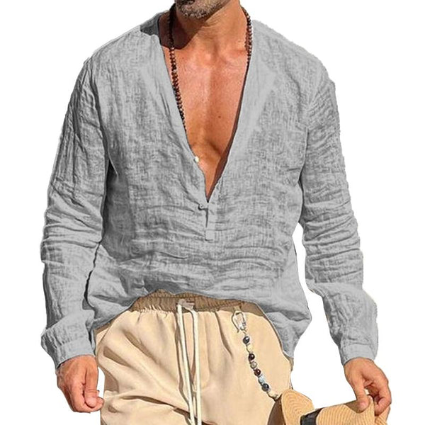 Men's Casual Solid Color Loose V Neck Long Sleeve Shirt 09665973Y