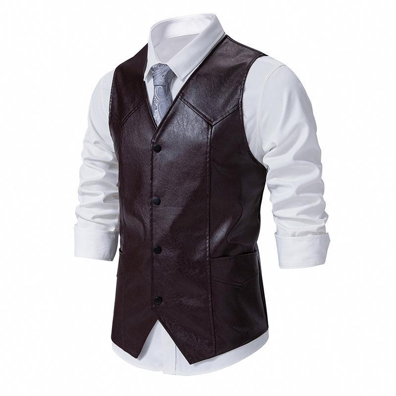 Men's Vintage V-Neck Single-Breasted Leather Vest 23616405Y