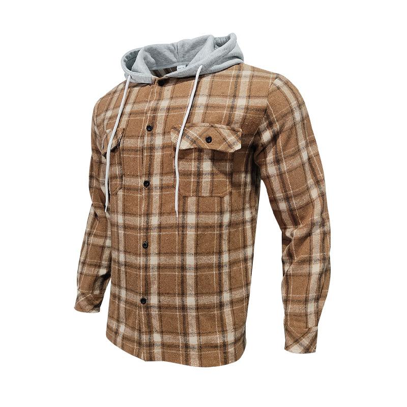 Men's Casual Plaid Hooded Flannel Multi-Pocket Shirt Jacket 69038680X