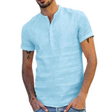Men's Solid Color Cotton and Linen Short-sleeved Stand Collar Shirt 39749063X