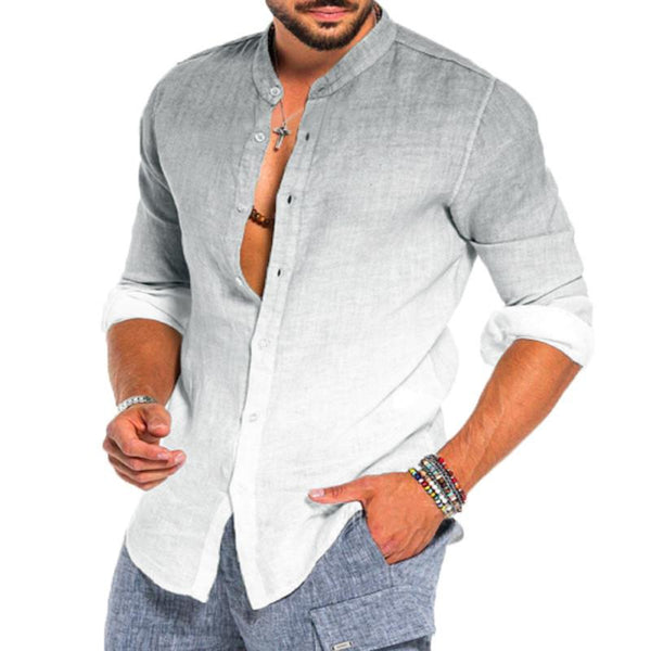 Men's Casual Stand Collar Gradient Contrast Color Linen Long Sleeve Slim Shirt 14998398M