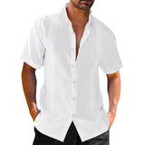 Men's Casual Cotton Linen Blended Striped Stand Collar Short Sleeve Shirt 03919138M