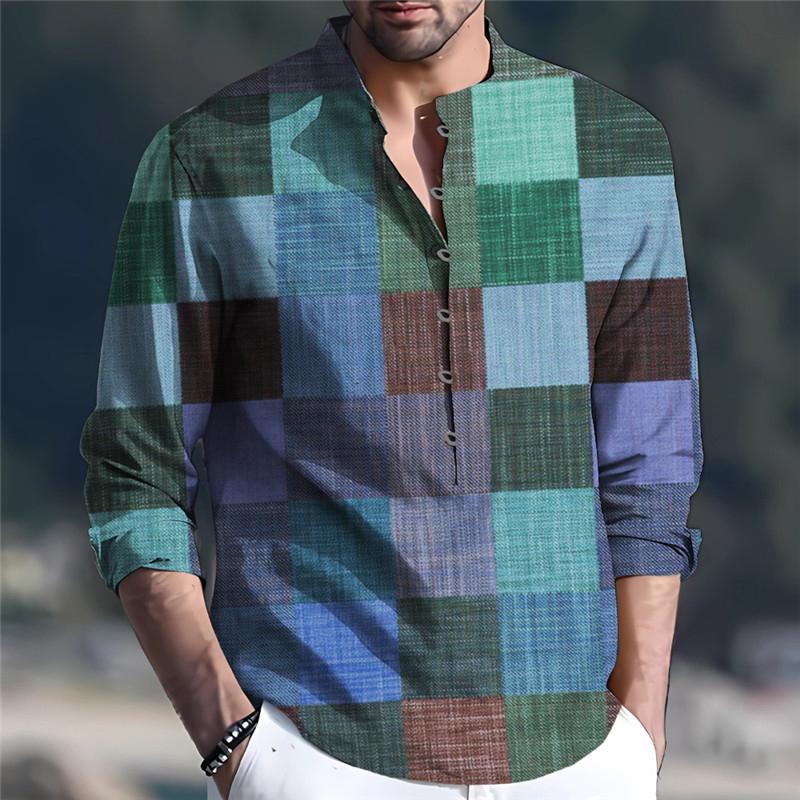 Men's Casual Check Print Stand Collar Pullover Long Sleeve Shirt 61887650M