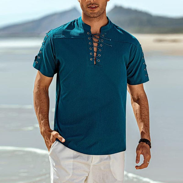 Men's Solid Color Lace-Up V-Neck Short-Sleeved Shirt 40586432Y