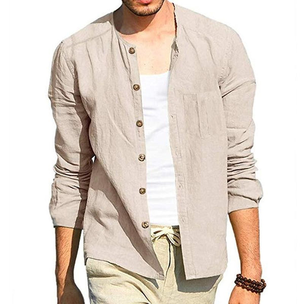 Men's Casual Solid Color Collarless Cotton Linen Long Sleeve Shirt 64821985Y