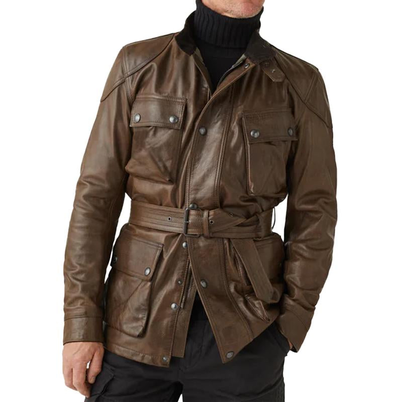Men's Vintage Stand Collar Multi-Pocket Belt Zip Leather Safari Jacket 19094630M