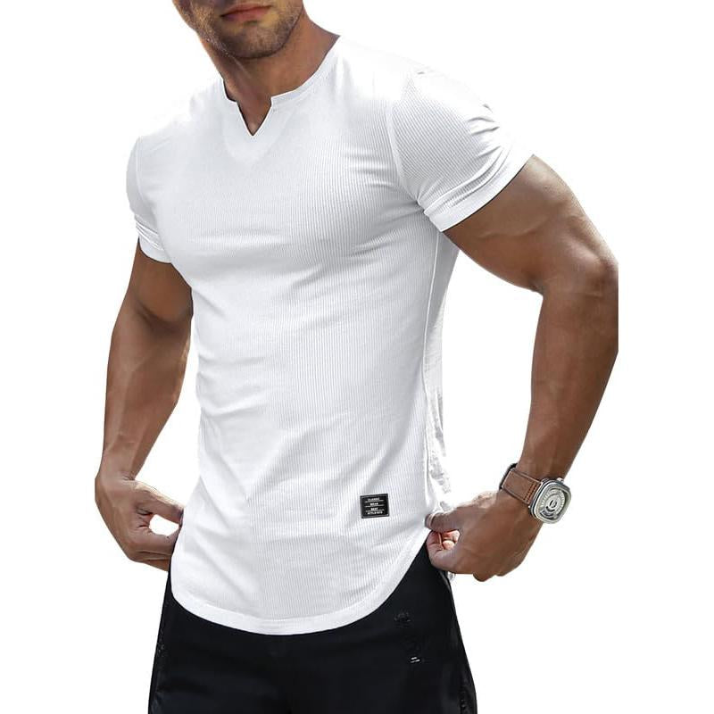 Camiseta de manga corta con cuello en V y punto de color liso para hombre 07923486X