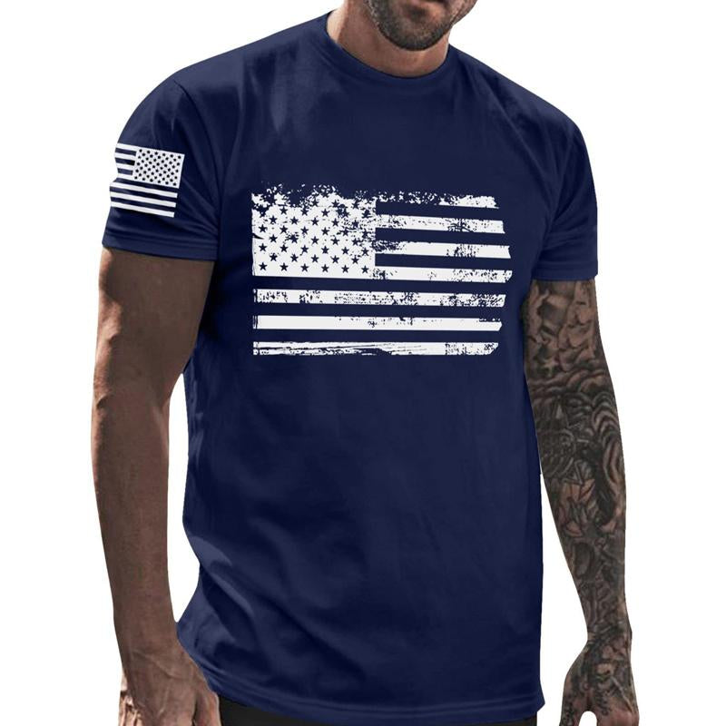 Men's Independence Day Crew Neck American Flag Print Top T-Shirt 32249480X