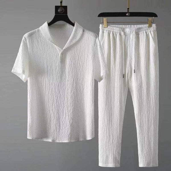 Men's Casual Thin Pleated Short-sleeved Pullover Shirt and Loose Pants Set 03276370M