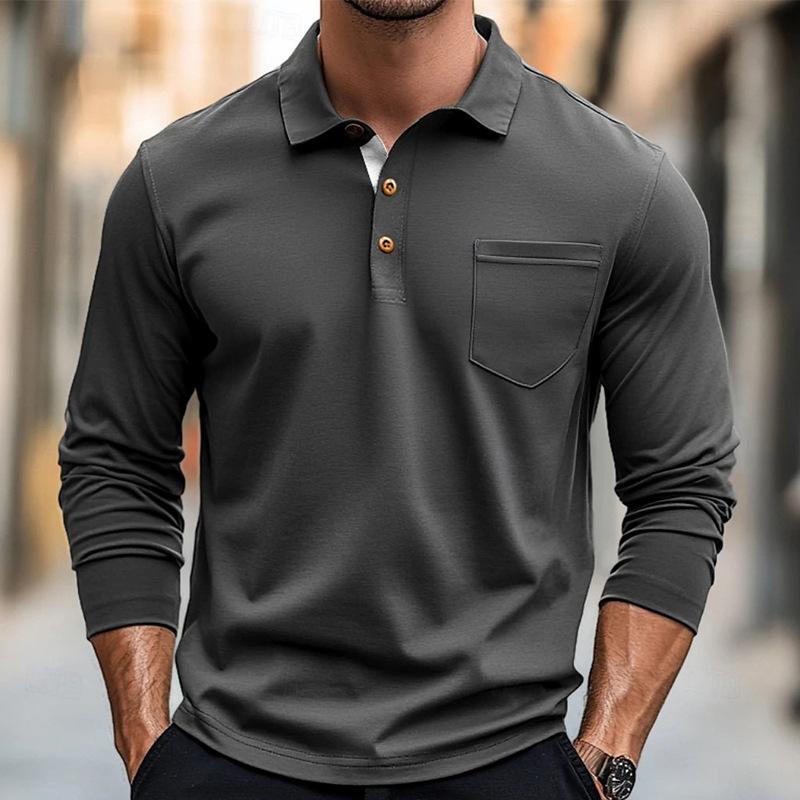 Men's Solid Color Button-Down Lapel Long-Sleeved Polo Shirt 74697399Y