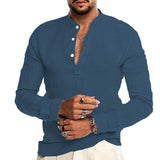 Men's Casual Cotton Linen Henley Collar Long Sleeve Shirt 55477511M