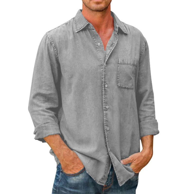 Men's Lapel Solid Color Pocket Long Sleeve Washed Shirt 94109377M