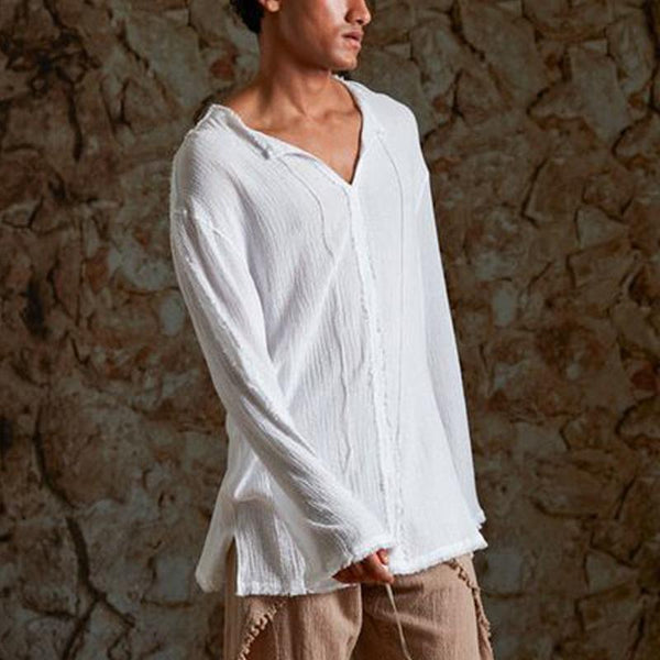 Men's Solid Color Tulum Style V-Neck Long-Sleeved T-Shirt 21802160Y