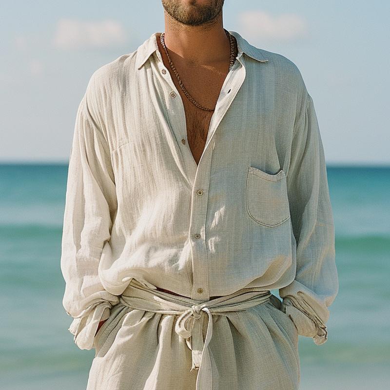 Men's Beach Vacation Cotton and Linen Lapel Long-sleeved Shirt 27180968X