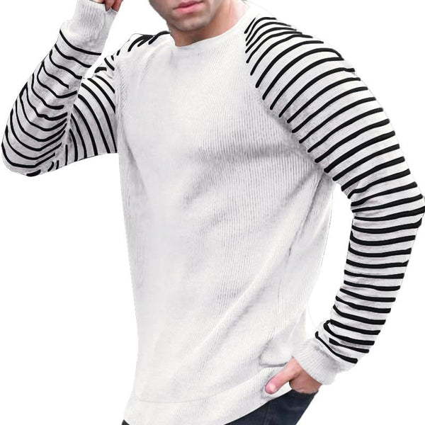 Men's Casual Round Neck Striped Stitching Long-Sleeved Pullover Sweatshirt 47477052M