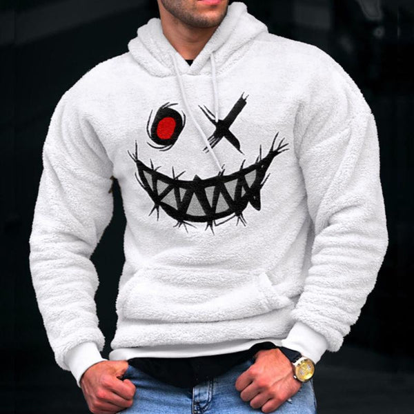 Men's Fall Winter Smiley Embroidered Fleece Sports Hoodie 35509619X