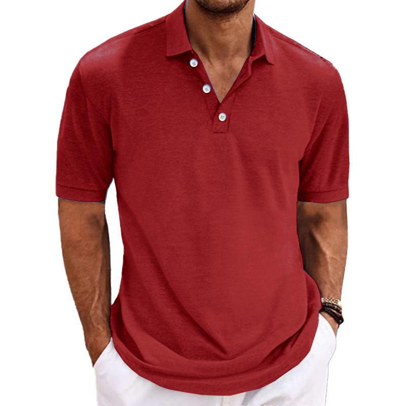 Men's Casual Cotton Blended Lapel Solid Color Short Sleeve Polo Shirt 98614586M