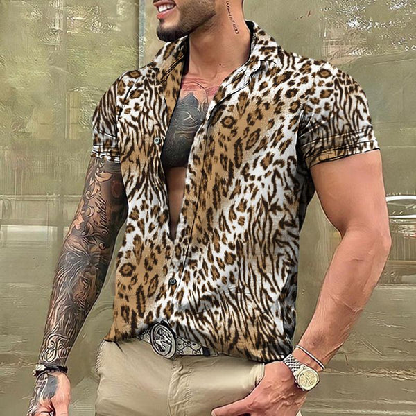 Men's Retro Punk Leopard Lapel Short Sleeve Shirt 39667970TO