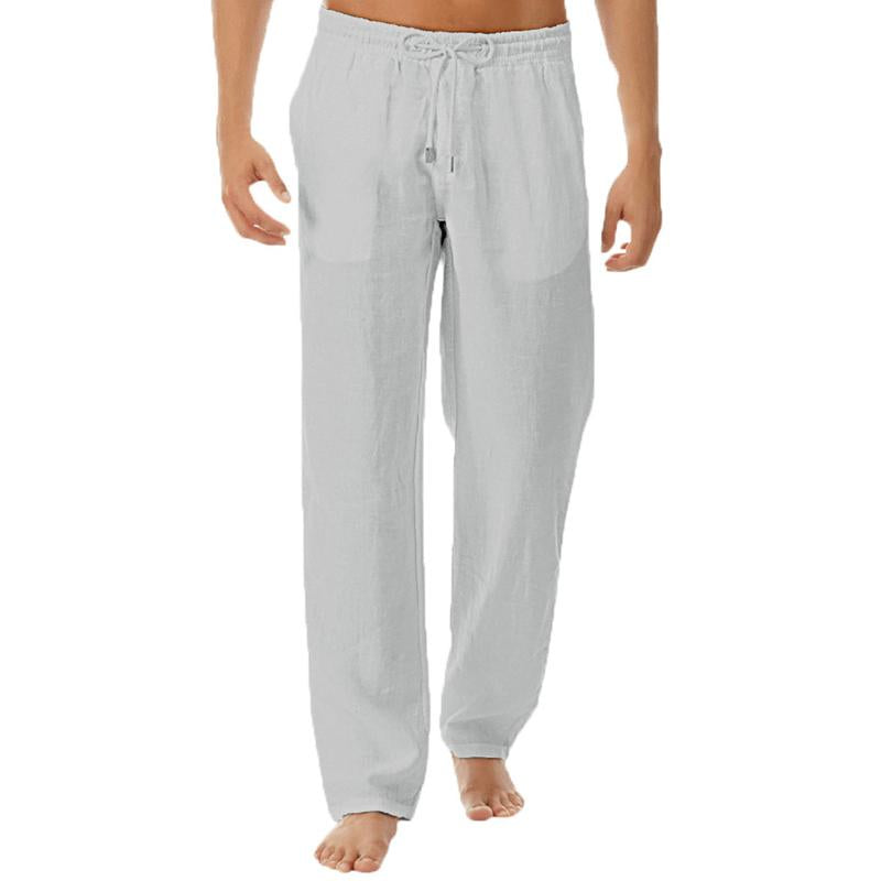 Men's Casual Solid Color Cotton Linen Drawstring Trousers 04144460Y