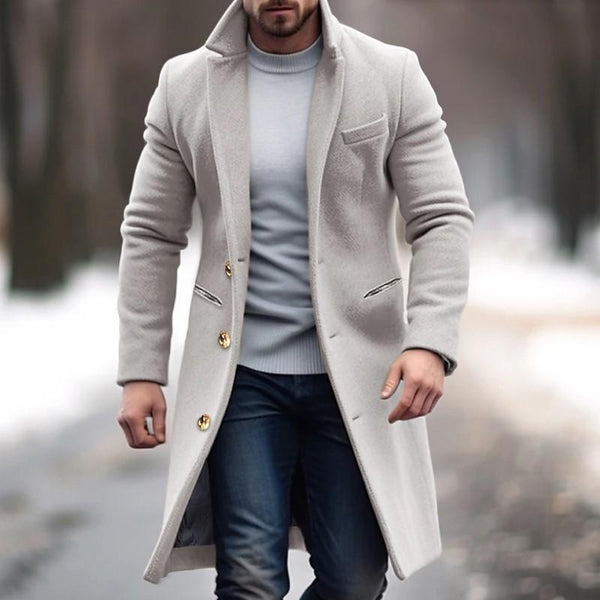 Men'S Vintage Solid Color Long Woolen Single-Breasted Lapel Coat 42944296Y