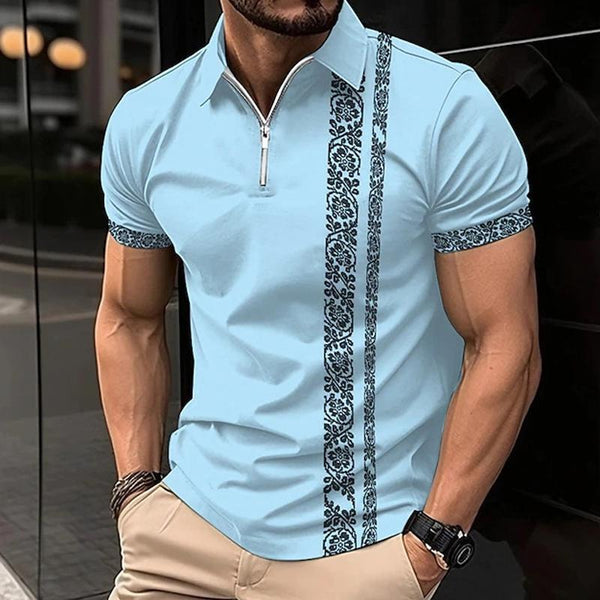 Men's Casual Printed Zipper Short Sleeve Polo Shirt 69618702Y