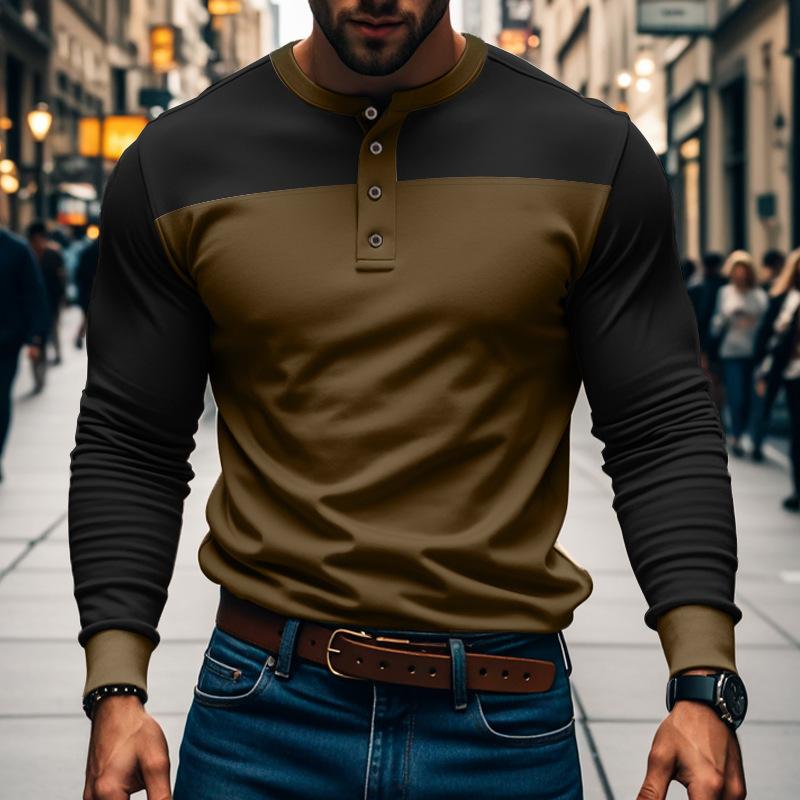 Men's Slim Fit Long Sleeve Paneled Bottoming Henley T-Shirt 88312026X