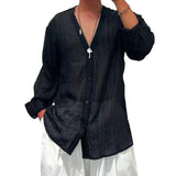 Men's Loose Solid Color V-Neck Single-Breasted Long-Sleeved Shirt 81888638Y