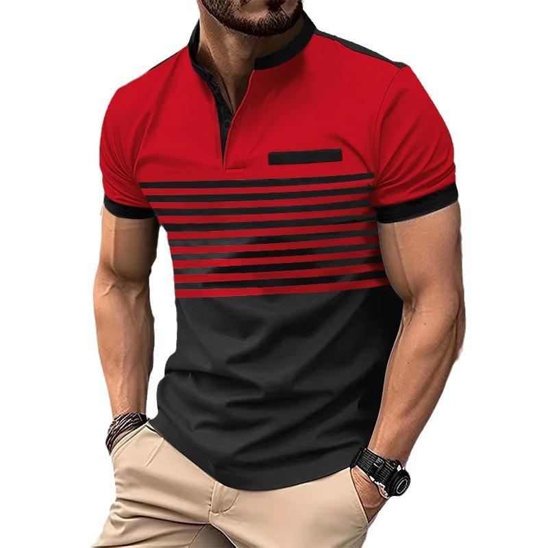 Men's Colorblock Striped Henley Collar Short Sleeve Casual T-shirt 07381888Z