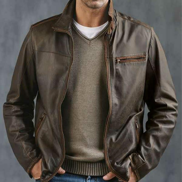 Men's Vintage Zipper Leather Jacket 09536541U