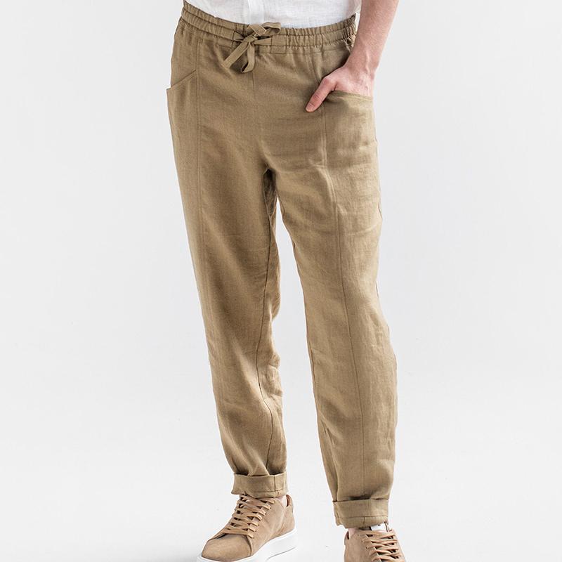 Men's Cotton and Linen Solid Color Elastic Casual Pants 74826629X