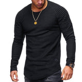 Men's Casual Solid Color Pleated Stitching Round Neck Long Sleeve T-Shirt 46273311M