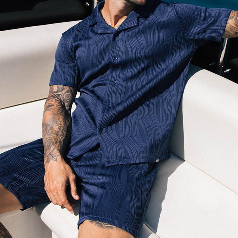 Men's Casual Striped Jacquard Lapel Short Sleeve Shirt Loose Shorts Set 41035447M
