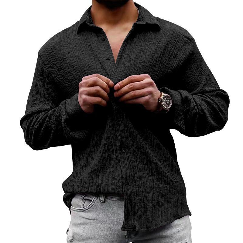 Men's Solid Loose Linen Lapel Long Sleeve Shirt 01526129Z