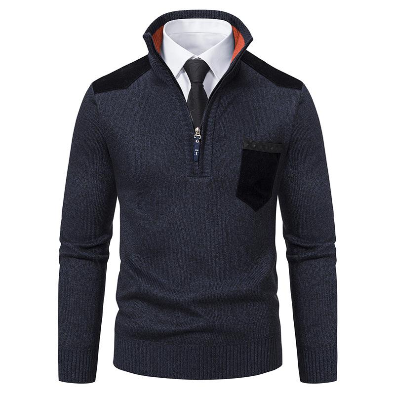 Men's Casual Retro Patchwork Pocket Stand Collar Zipper Sweater 32851595TO