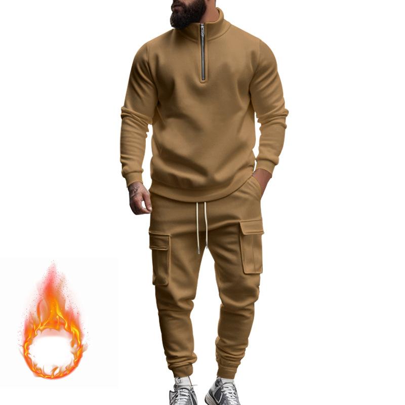 Men's Solid Color Casual Plush Warm Zipper Stand Collar Sweatshirt Sweatpants Set 08038864Y