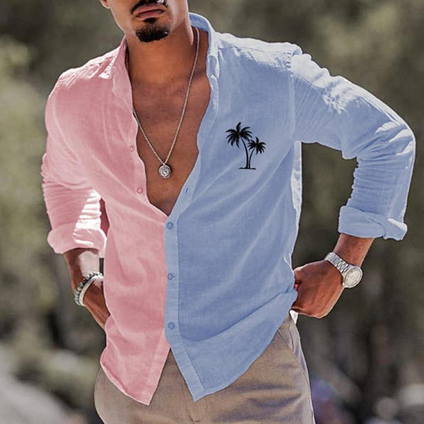 Men's Beach Casual Coconut Tree Print Color Block Long Sleeve Shirt 04276205Y