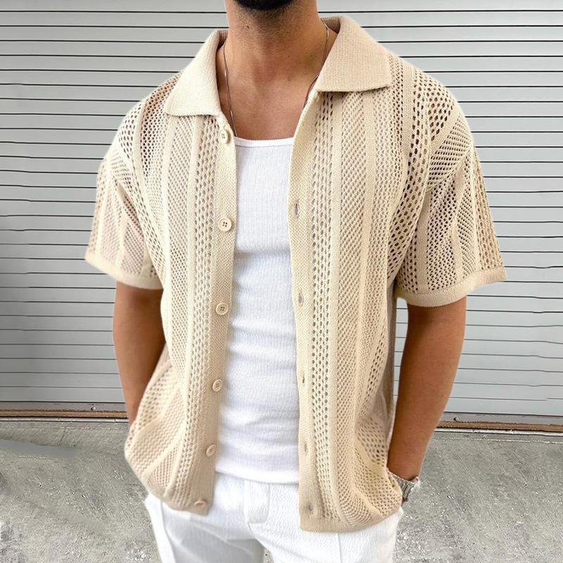 Men's Casual Thin Lapel Hollow Short-Sleeved Knitted Cardigan 65874548M