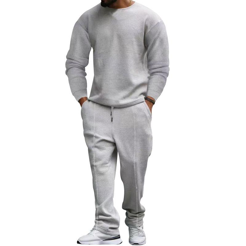 Men's Casual Solid Color Round Neck Long Sleeve T-Shirt Trousers Set 60334127Y