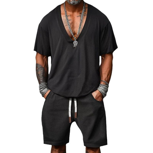 Men's Solid Color Loose V-Neck Short-Sleeved T-Shirt Shorts Set 52587401Y
