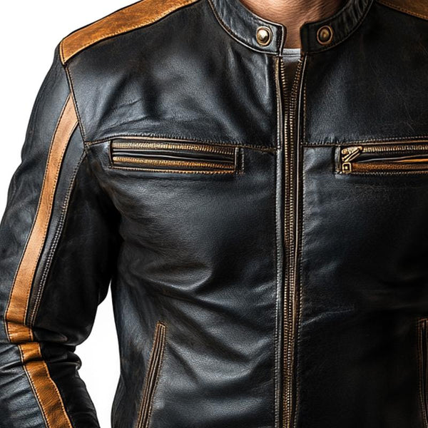 Men's Retro Motorcycle Stand Collar Multi-Pocket Leather Jacket 38727945Y