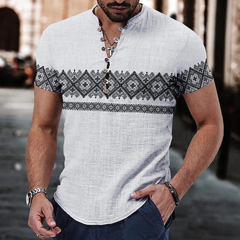 Men's Vintage Ethnic Print Short Sleeve Shirt 84880542Y