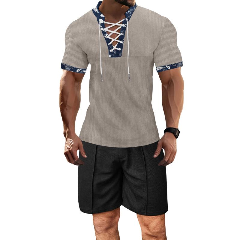 Men's Casual Color Block V-Neck Lace-Up Slim Short-Sleeved T-Shirt Shorts Set 80394243M